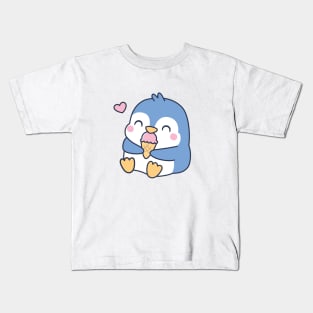 Cute Little Blue Penguin Loves Ice Cream Kids T-Shirt